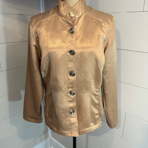 Chico's Full Button Front Jacket Blazer in Gold Champagne Metallic Satin - Picture 4 of 9